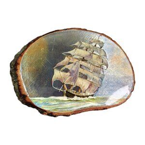 Wood Slice Plaque Ship Ocean Hand Made Painted Live Edge Wall Folk Art USA READ